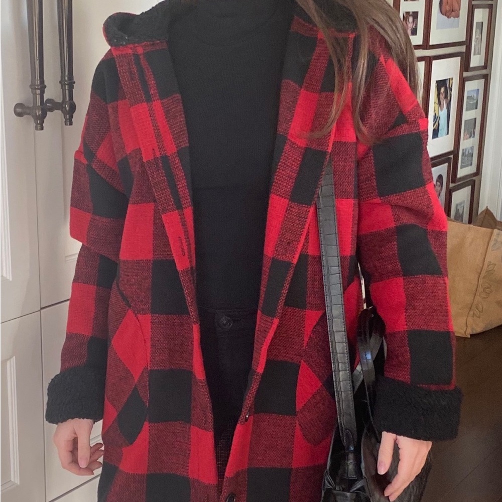 Red flannel pattern trench w/ faux fur hood
